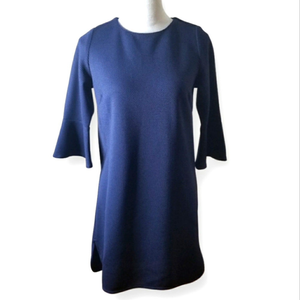 Jade by Melody Tam Navy Blue Bell Sleeve Waffle Print Dress